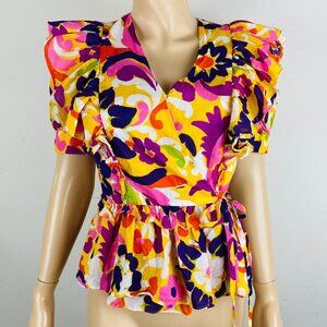 J Crew Collection Beautiful Colorful Floral Print Ruffle Accented Women's XS Top